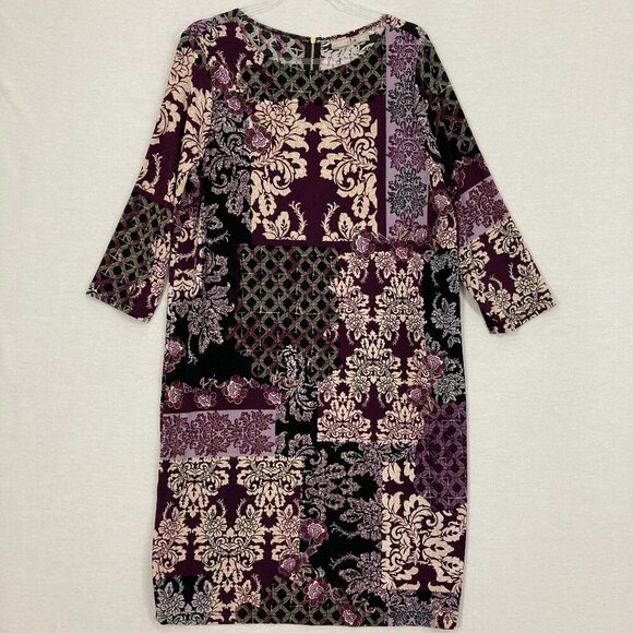 Chico's Travelers Purple Floral Abstract Slinky Knit Zip Back Dress size 12/14 - Picture 1 of 11